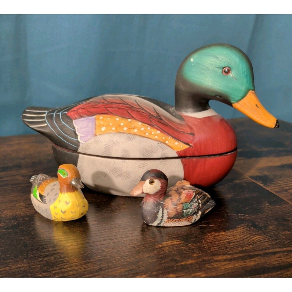 Vtg Duck Lot Mini Stone, Enesco & Ceramic Mallard Trinket Box Felt Hand Painted